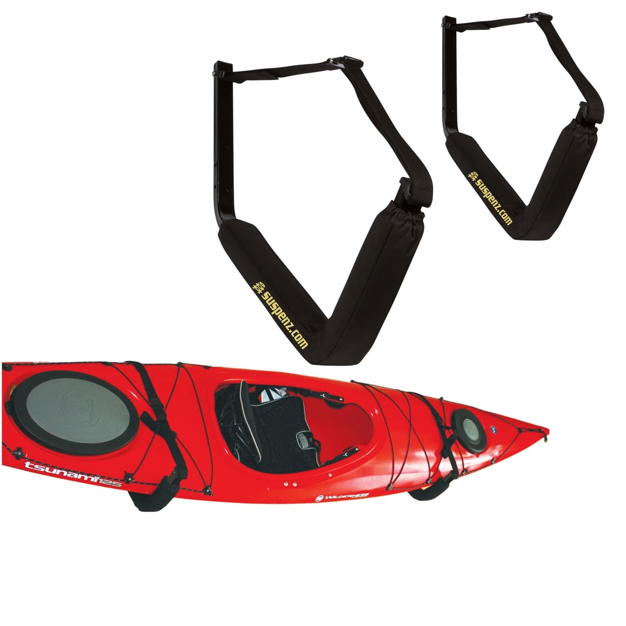 Suspenz EZ Kayak Storage Rack, Indoor & Outdoor Wall Mounts for Kayaks & SUP Paddle Boards, Powder-Coated Steel with Foam Pads & Safety Straps, Holds up to 125 lbs, Black (12-9903)