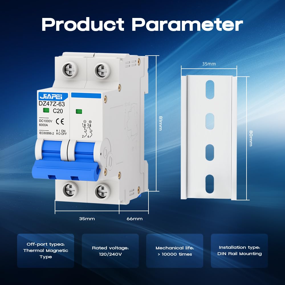 DC Miniature Circuit Breaker, 1000V 2 Pole 20 Amp Isolator for Solar PV System, Thermal Magnetic Trip DIN Rail Mount, C20 DC Disconnect Switch