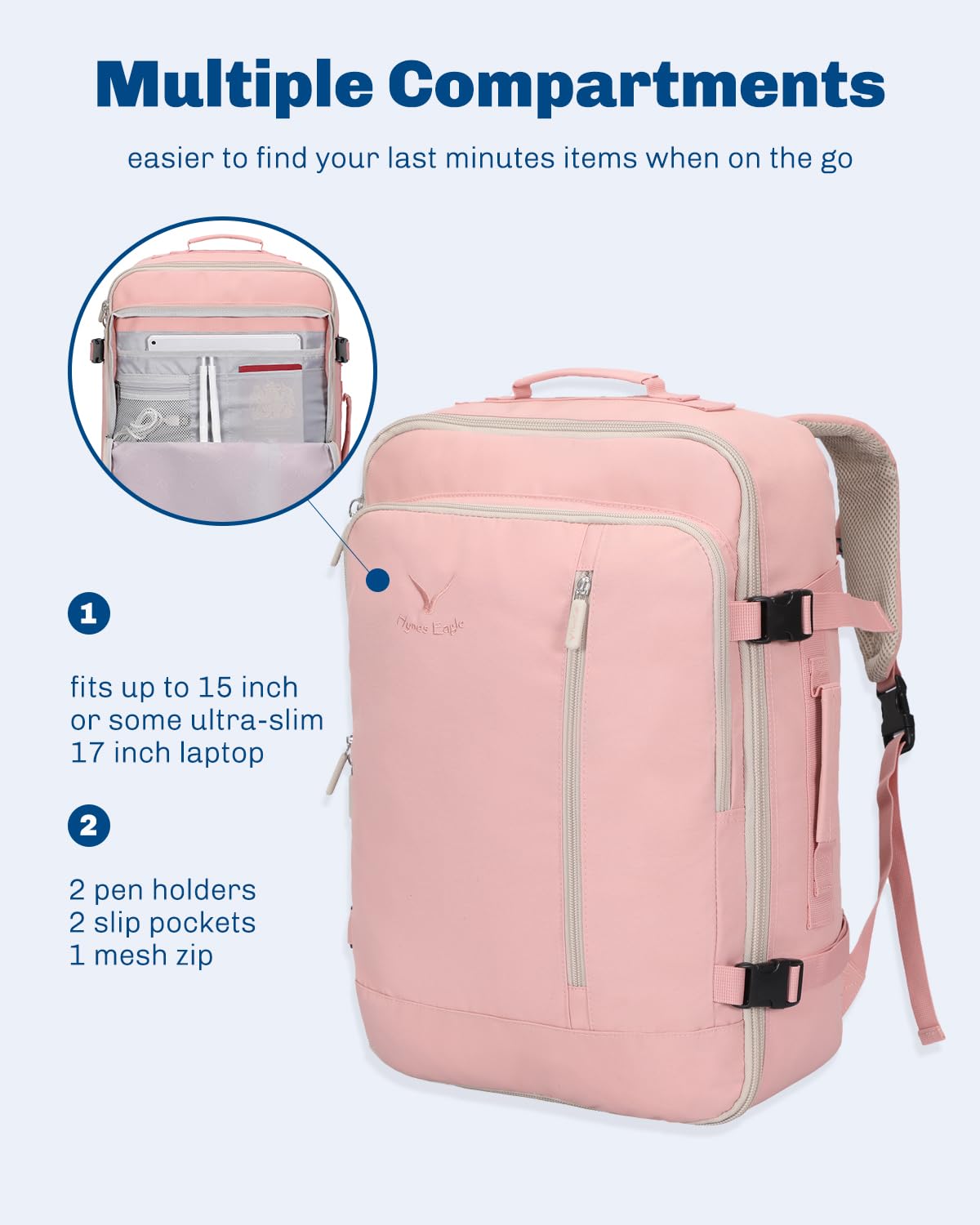 Hynes Eagle Carry on Backpack 38L Large Travel Backpack for Women Flight Approved Weekender Bag Laptop Backpack Men 15 inches Light Pink