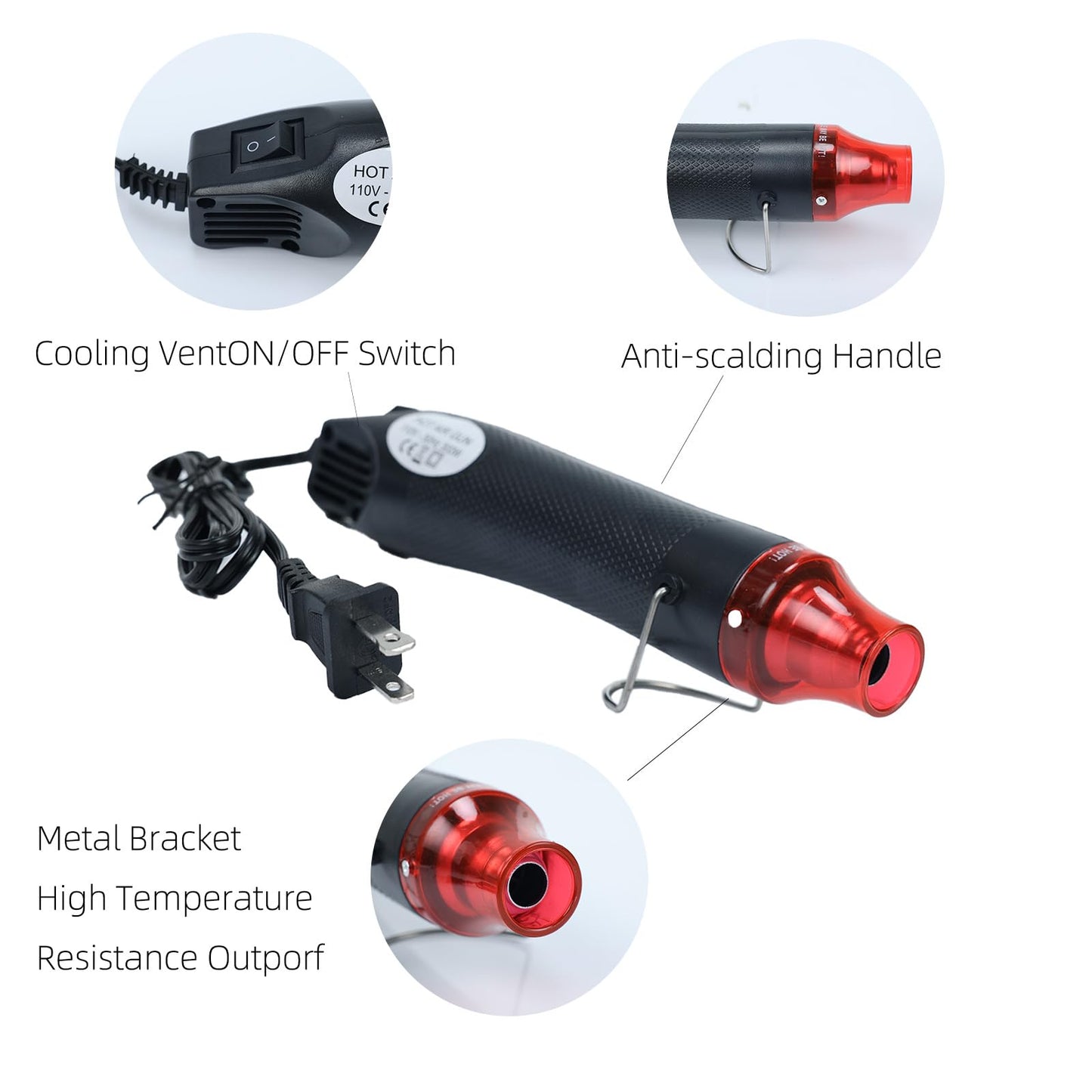 VortecSys Heat Gun for Crafting, 110V 300W Handed Hot Air Gun, 3.28FT Ultra-Long Cable Portable Heat Gun with Stand and Power Cord for Shrinking Wrapping PVC, DIY Embossing and Drying Paint (Black)