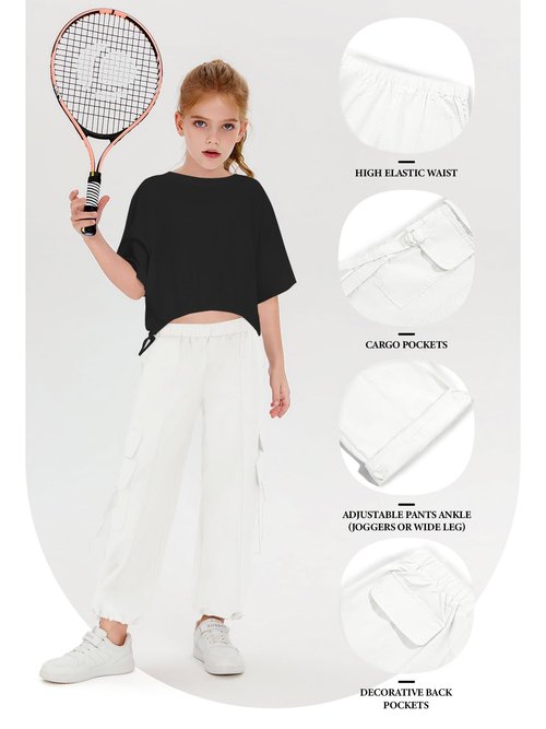Haloumoning Girls Parachute Pants Kids Wide Leg Cargo Pants Y2K Street Trousers with Pockets 5-14 Years White