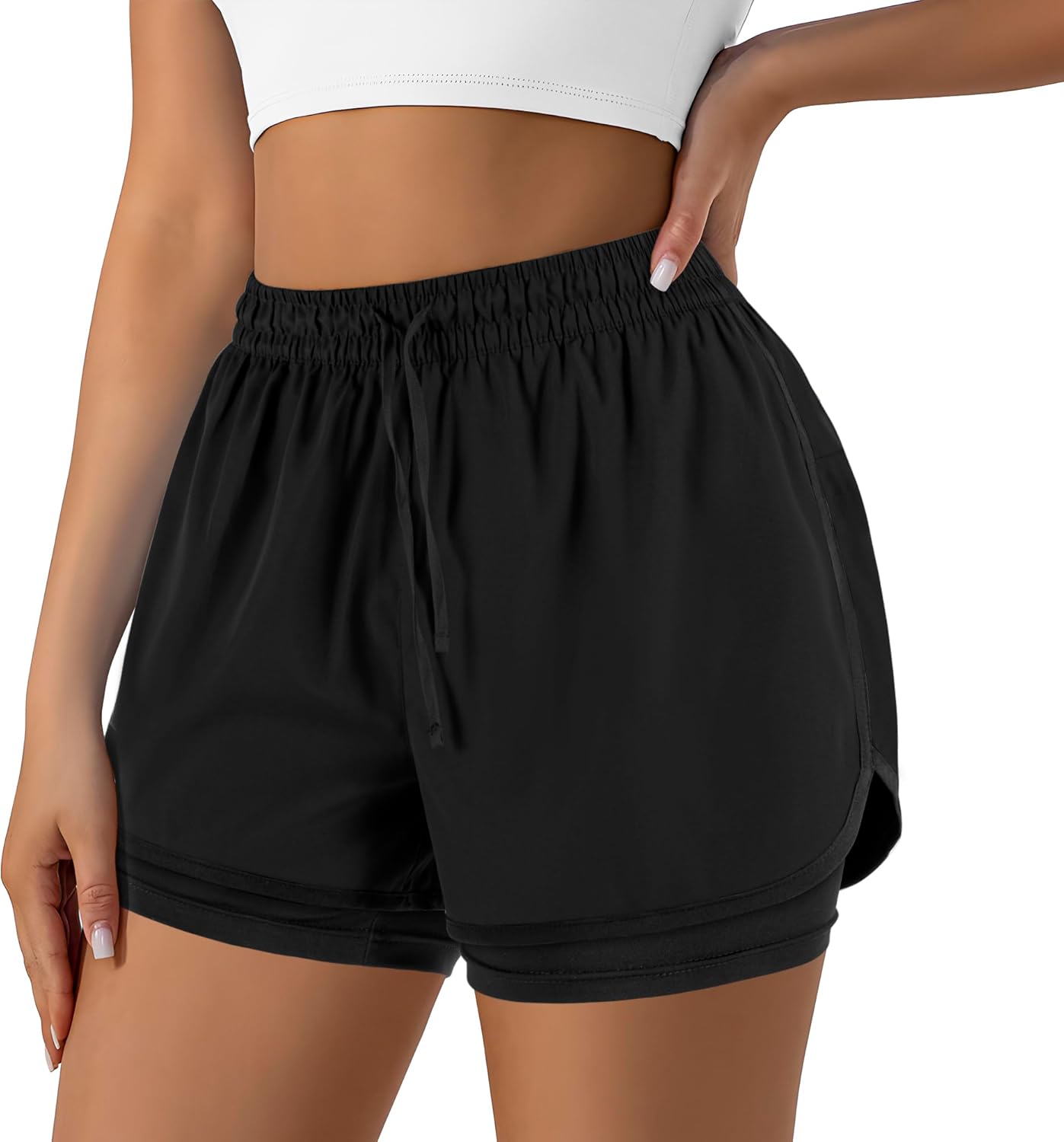 Yevrimow Women's 2-in-1 High-Waisted Running Shorts | Athletic Gym & Yoga Shorts with Liner Pockets