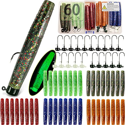 VMSIXVM 1/8 oz Ned Rig Kit with 60 Pcs: 20 Baits + 40 Ned Worms Glow Jigheads
