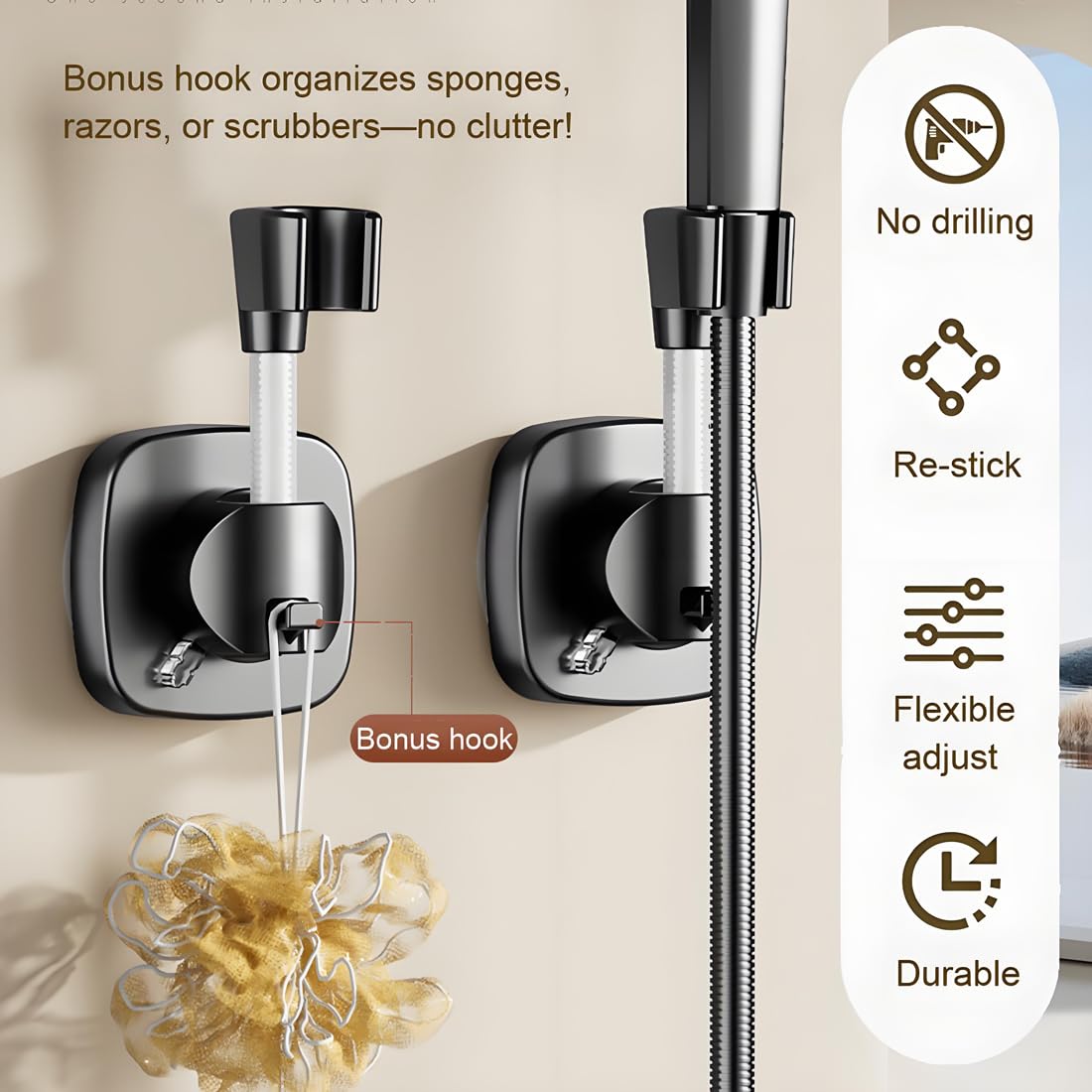 Suction Cup Shower Head Holder - Angle Adjustable Spring Arm, Flexible Wall Mount Shower Hose Holder, Removable Hand Held Shower Bracket with Vacuum Lock & Bonus Hook for Bathroom, Kitchen