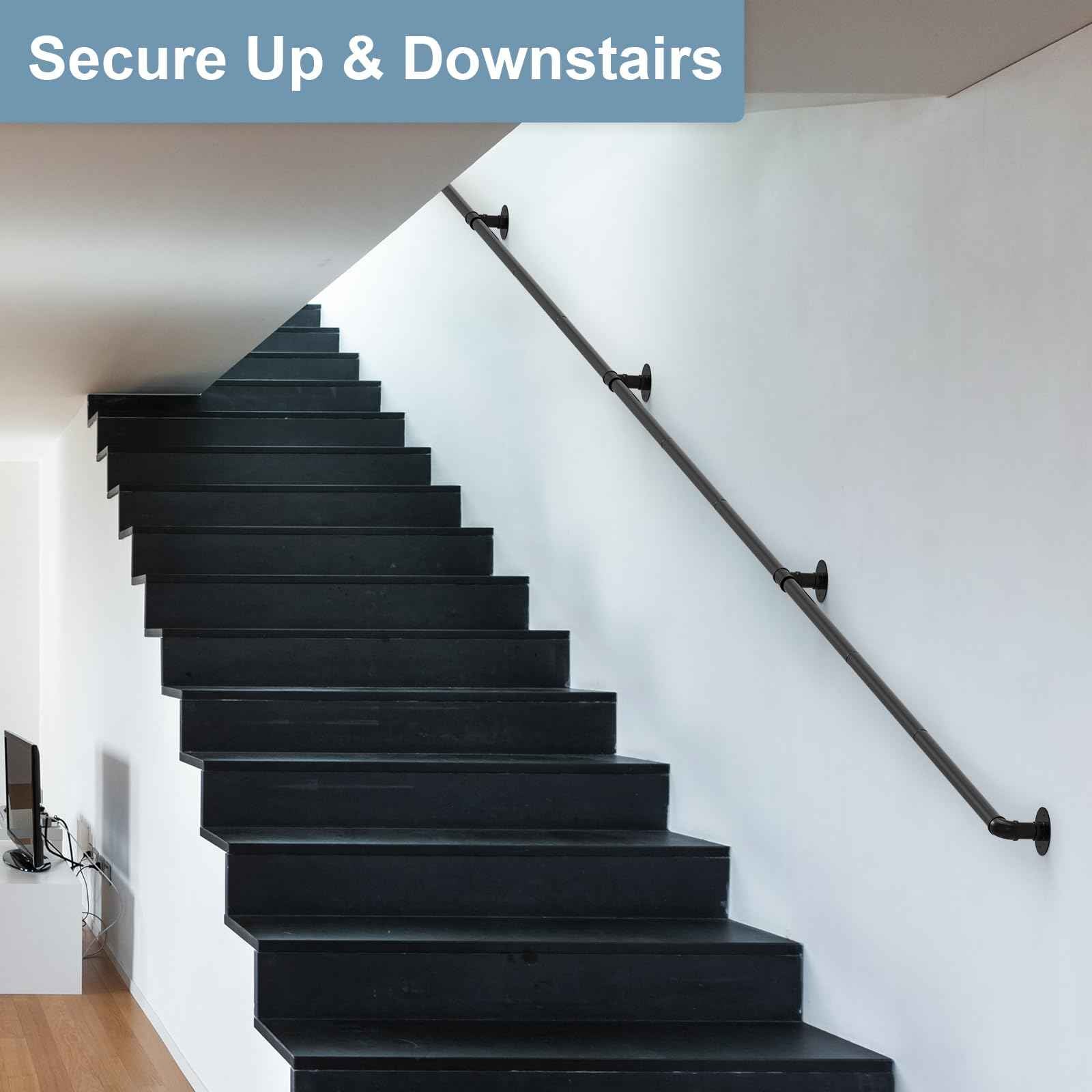 mapleway Pipe Stair Handrail, 14ft Railing for Indoor Steps Metal Staircase Hand Rail Industrial Iron Handle for Wall Mount Support, Black