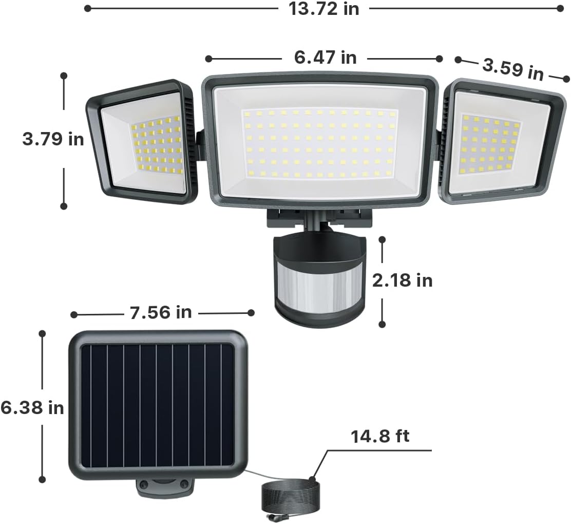 1800LM Solar Security Light with 3 Heads & Remote, 270° Wide Angle, IP65 Waterproof