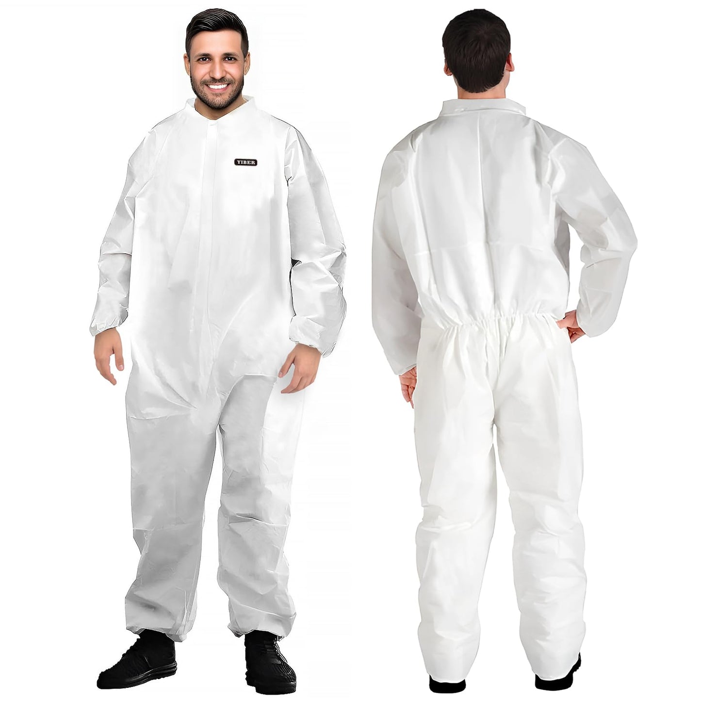 YIBER Hazmat Suit Disposable Coverall | Heavy Duty Full Body Painters Suit in 7 Sizes with Multiple Specifications for Men & Women Without Hood - Breathable & Water Resistant - Large, White,25