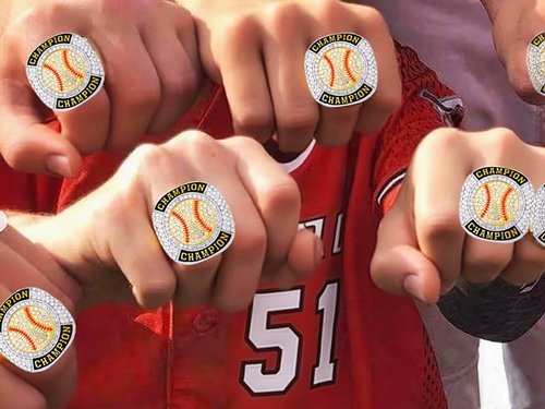 daijbling 12 Pcs Baseball Championship Ring Softball Ring Sport Ball Trophy Award Gift with Display Neck Chain and Stand for Tournament or League Champion Winner (12 pcs Gold Rings, Size 11)