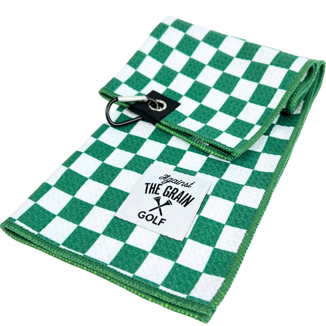 Against The Grain Microfiber Golf Towel with Clip - (12"x20") Green & White Checkered Design Golf Club Towel, Golf Towels for Golf Bags for Men & Women
