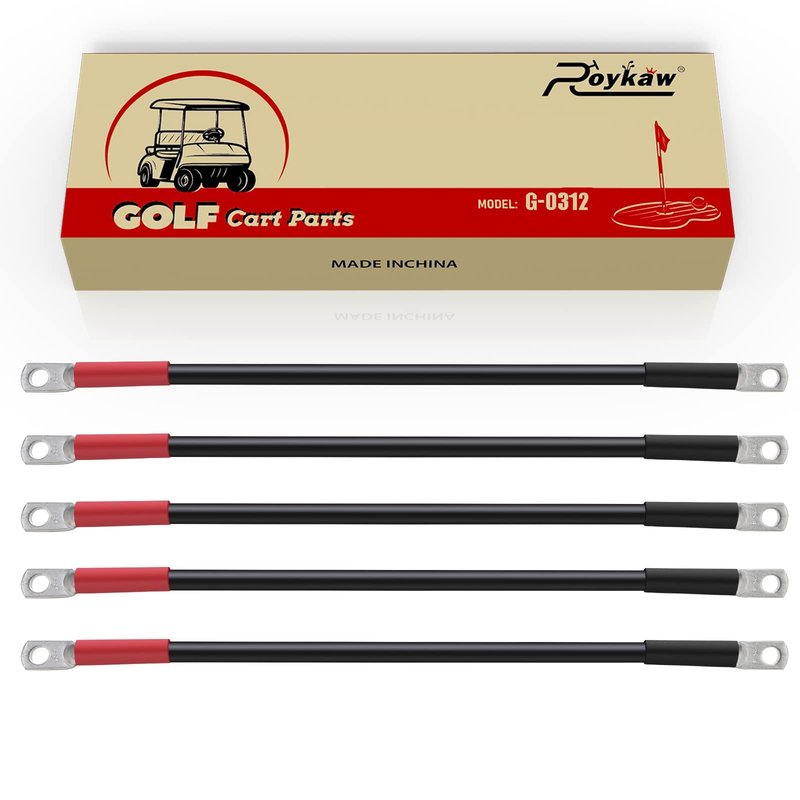 Roykaw 4 Gauge Golf Cart Battery Cables Fits Club Car DS 1995-Up 48 Volt Models, Heavy-Duty Pure Copper Tin-Coated Cable Lugs, Anti-Corrosion/Anti-Oxidation, 5 Pieces Set