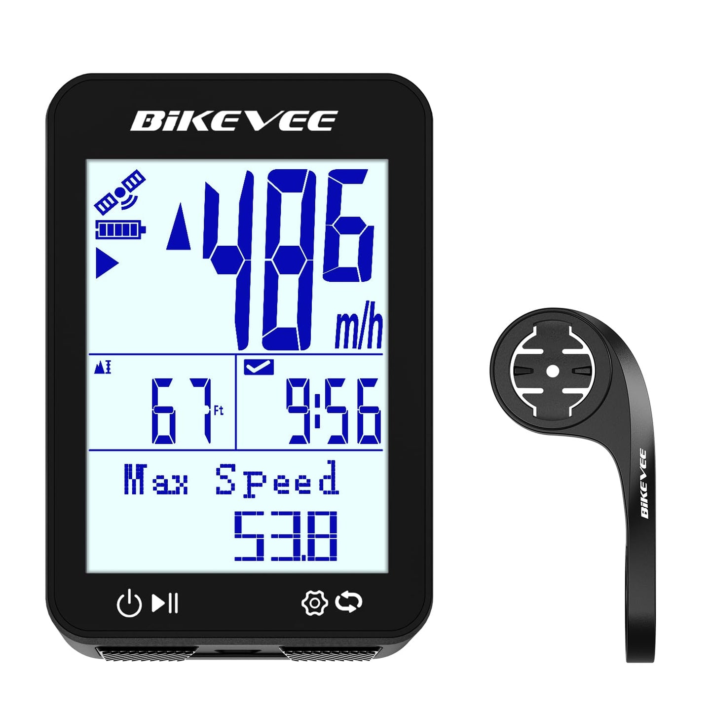Bikevee GPS Bike Computer Wireless Bicycle Speedometer Odometer 9 Languages Auto Backlight Auto Start Stop IPX7 Waterproof 2.4 Inch LCD with Out Front Mount Supports MPH KMH - Black