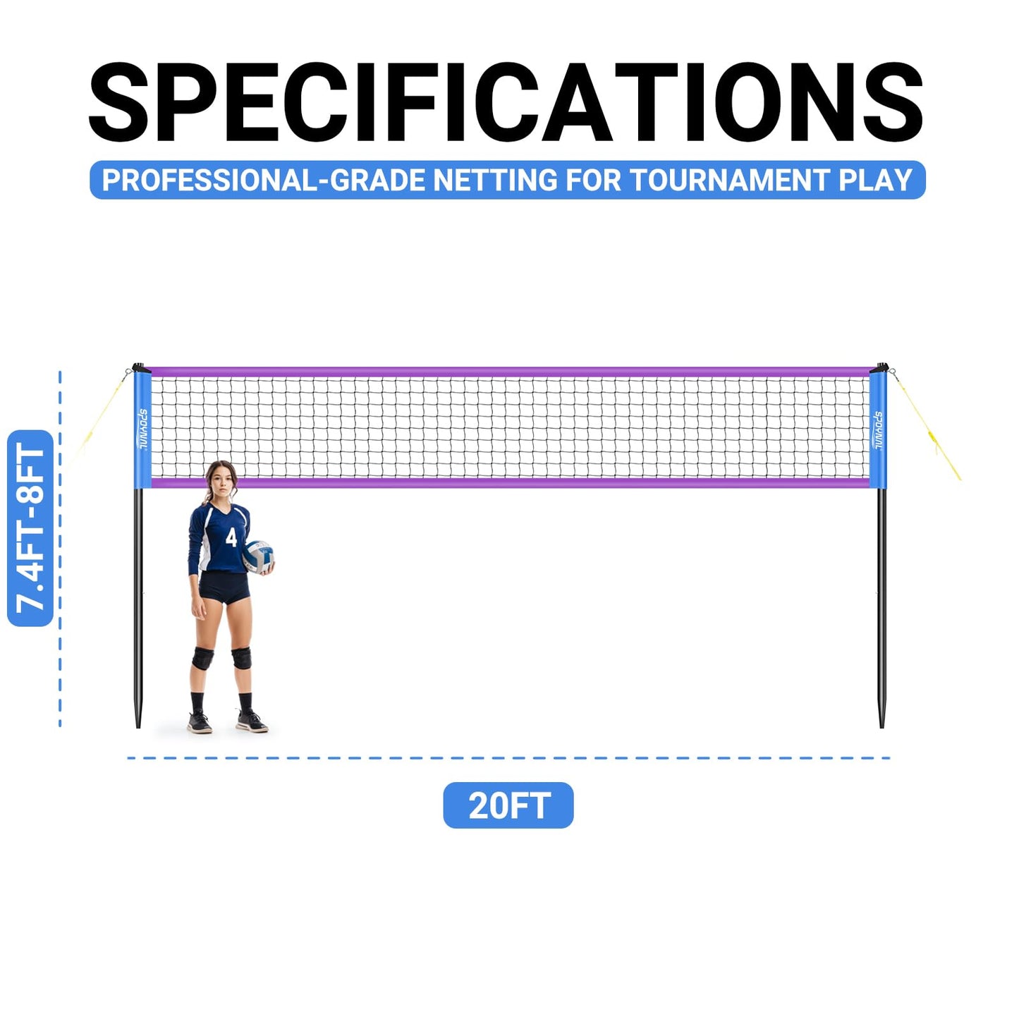 Portable Volleyball Net for Backyard, 20 FT Adjustable Height Blue&Purple