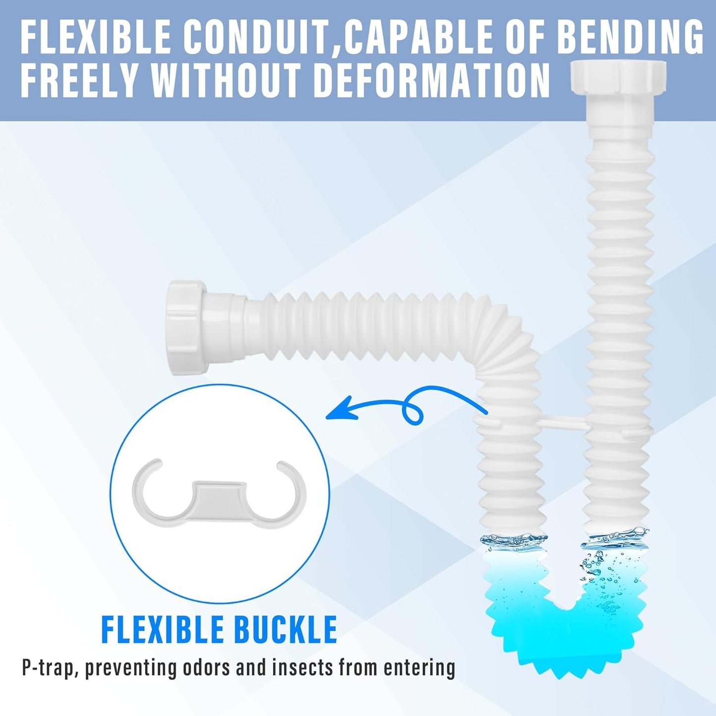 Cunsen 1-1/2" Sink Drain Pipe Kit, Flexible Sink Drain Pipe P-Trap, 10"-29" Flexible Sink Drain P-Trap for Bathroom Sink and Kitchen Sink, 1-1/4" Adapter Included (White)