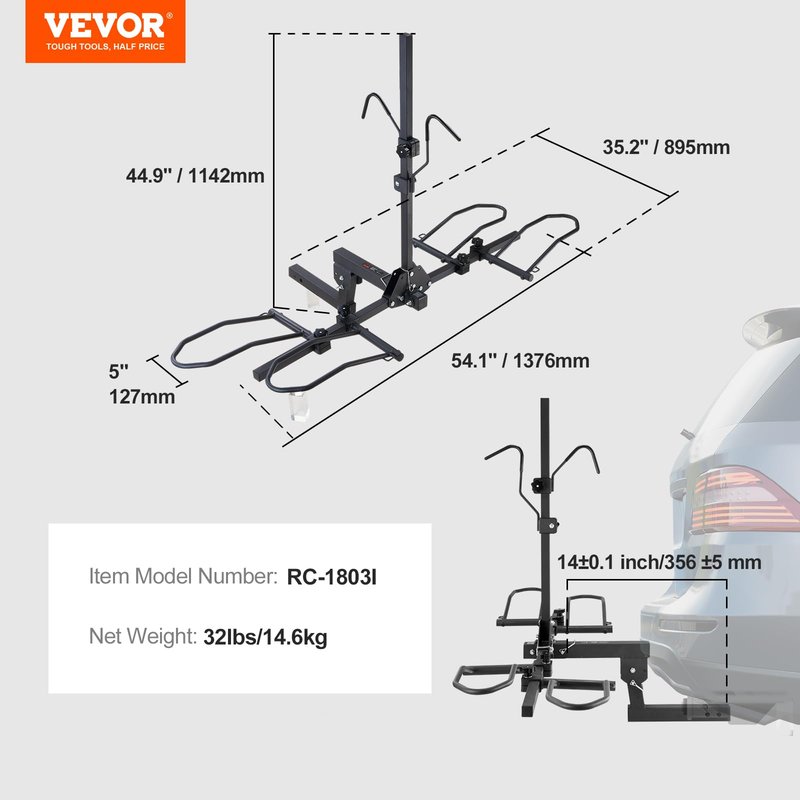 VEVOR Hitch Mount Bike Rack, 160 LBS Capacity Ebike Rack, 2-Bike Platform Style for 2-inch Receiver, Titling and Folding Bike Carrier with Tires up to 5" Wide, for Car, SUV, Truck, RV