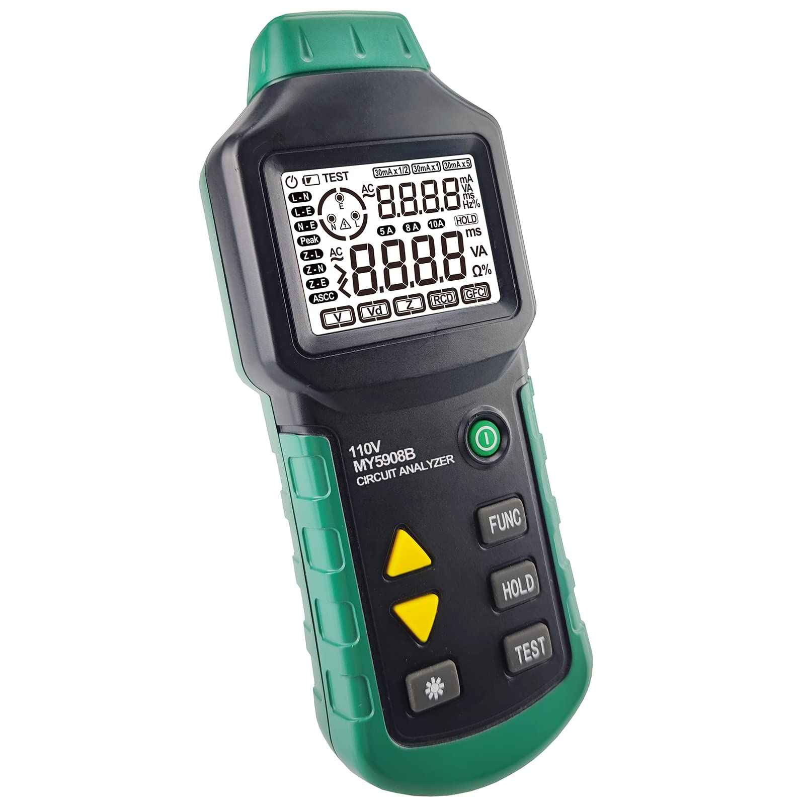 Digital Circuit Analyzer True RMS AC Voltage RCD GFCI, Voltage Drop Electrical Tester Line Fault Test Device with LCD Backlight, Data Hold, US Plug, Storage Bag