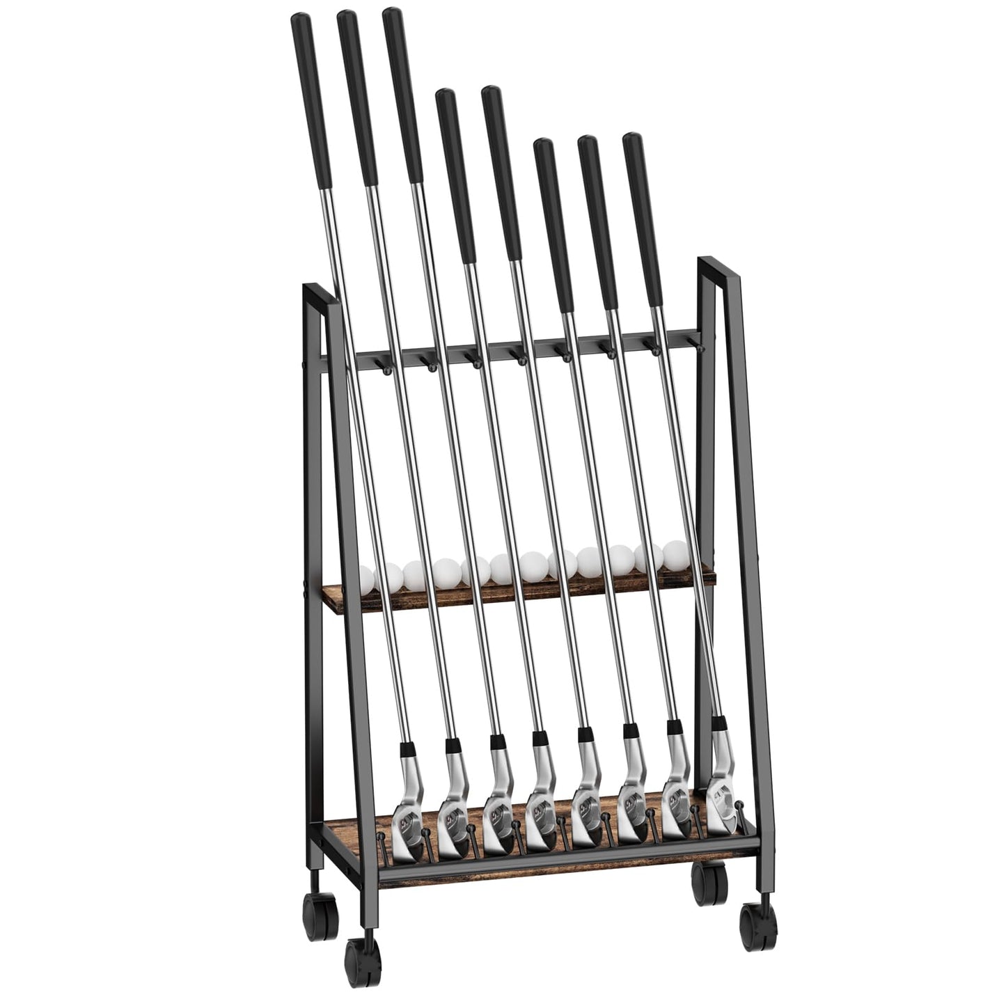 DEMEGA Golf Club Stand with Wheels, 8 Golf Club Holder & 9 Ball Rack, Matte Black Iron & Natural Wood Board Golf Club Organizer, Portable Golf Storage Rack for Garage Home Office Indoor Display