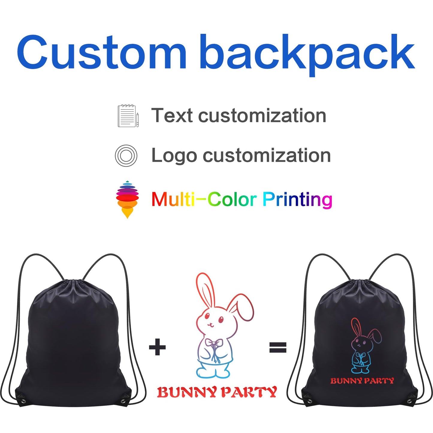 Scanect custom drawstring Backpacks bags 5/10/50/100 Pack, personalized Logo Text, bulk, Black