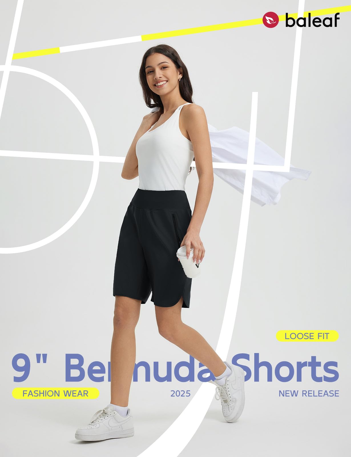 baleaf Women's Bermuda Long Shorts 9" Above Knee Length High Waisted Athletic Running Shorts with Zipper Pockets Quick Dry Loose Casual Summer UPF 50+ Black M