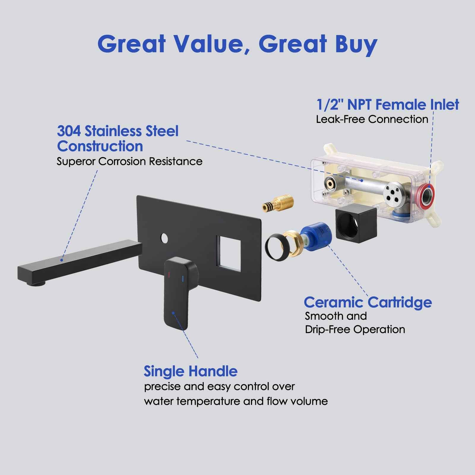 ROVOGO Wall Mount Bathroom Sink Faucet with Rectangular Spout and Rough-in Valve, Single Handle Single Hole Faucet for Bathroom Sink, 304 Stainless Steel, Black