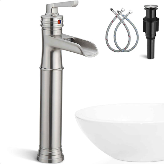 HEYMYTAP Brass Vessel Sink Faucet Brushed Nickel Waterfall Bathroom Faucet Tall 1 Hole, Single Handle with Pop-up Drain & Water Hoses for Bathroom Vanity Vessel Sink