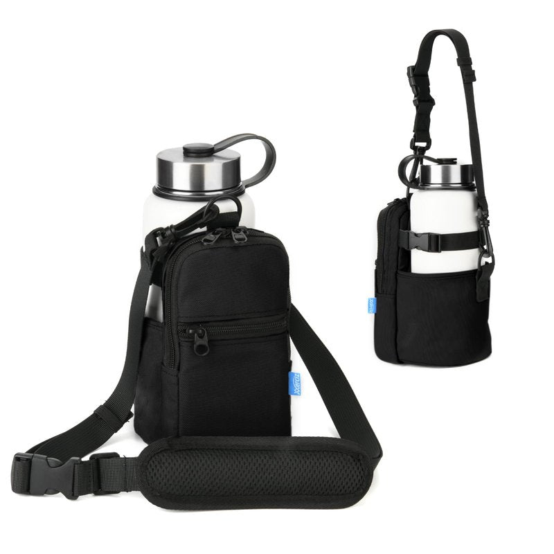 Xxerciz Water Bottle Carrier Bag with Phone Pocket Crossbody Sports Water Bottle Sling Pouch Holder with Adjustable Shoulder Strap, Universal Water Bottle Accessories for Walking Hiking (Black)