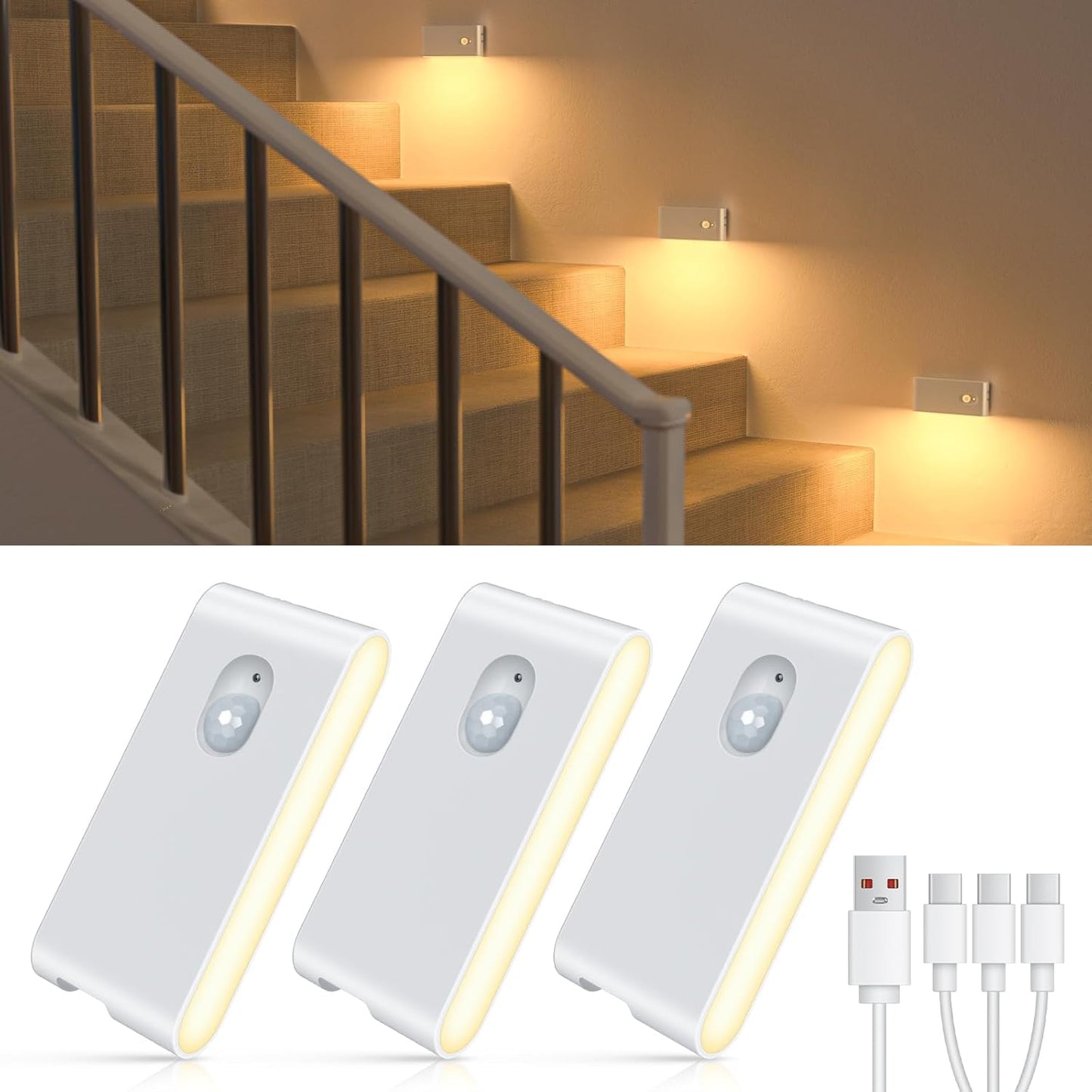 Rechargeable Motion Sensor Night Light - Wireless Battery-Powered LED for Hallway, Stairway & Bathroom - 6 Pack