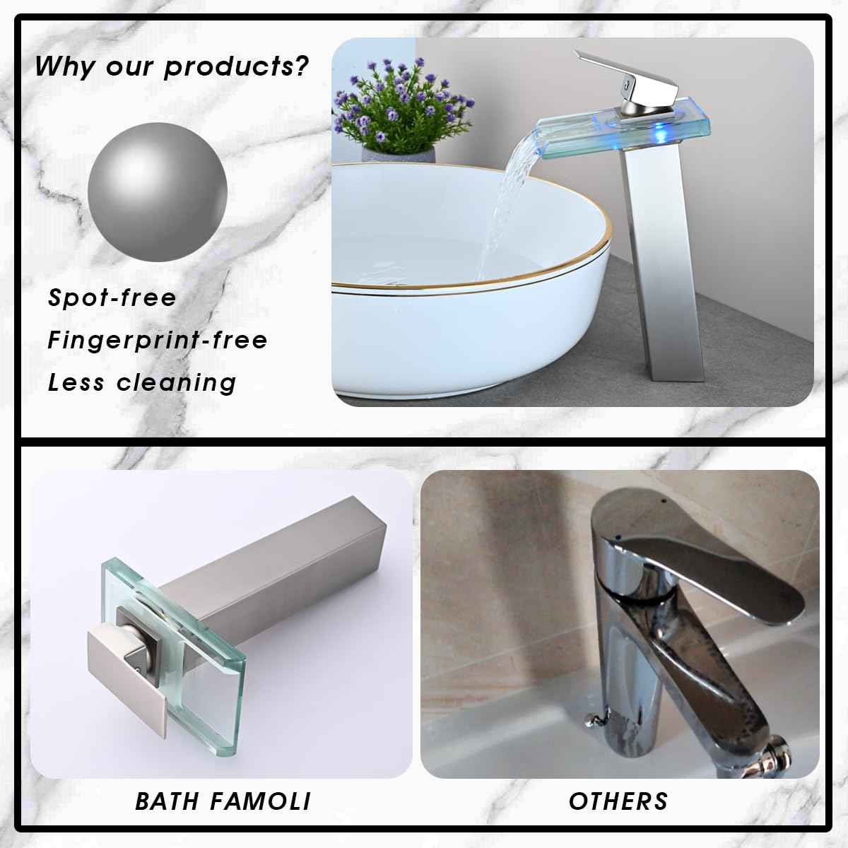 BATH FAMOLI LED Bathroom Sink Faucet, Tall Vessel Sink Faucet, Waterfall Single Handle 1 Hole and 2 Water Supply Lines, Brass Faucet with Open Glass Spout (Tall, Brushed Nickel)
