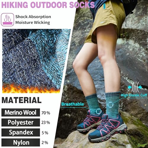 SAVALOS Merino Wool Hiking Socks 5 Pairs - Thermal Warm Moisture-Wicking Crew Socks for Women, Medium / Khaki/Red/Purple/Green/Dark