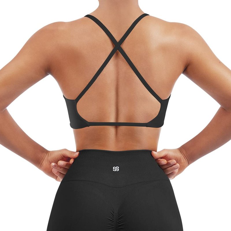 SUUKSESS Women 2 Piece Open Back Strappy Sports Bra Pack Twist Front V Neck Padded Workout Crops (#2 Cheetah & Black, M)