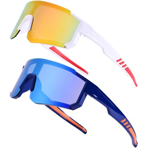 GLARDEFE Kids Baseball Sunglasses - Youth Baseball Sunglasses for Toddler Boys Girls - Sports Softball Shades Age 3-10(White/Orange Mirror + Blue/Blue Mirror)