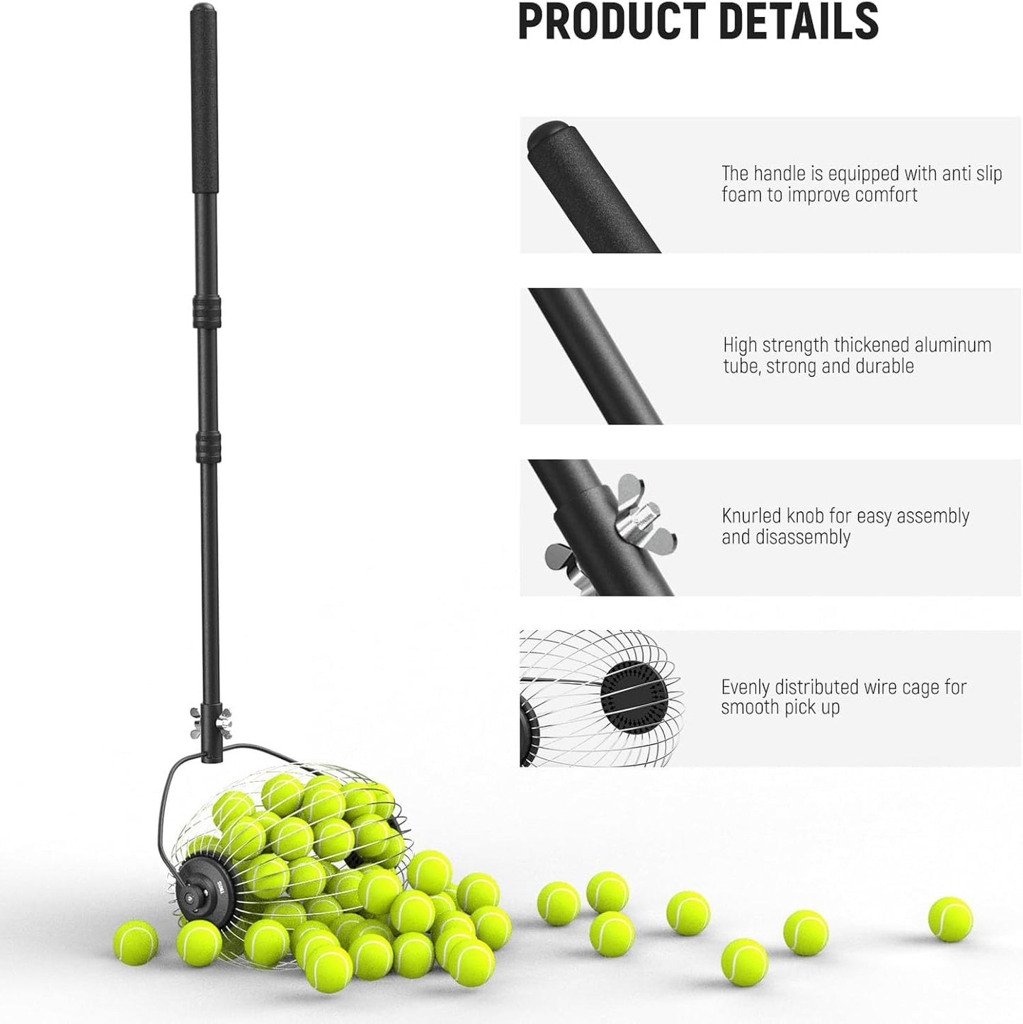 NEEWER Tennis Ball Pickleball Collector Roller, No Bending Over Quick Rolling Picker for 1.5"-3" Balls, 30-58"/77-148cm Telescopic Golf Ball Retriever for Up to 40 Tennis Balls, TB01S