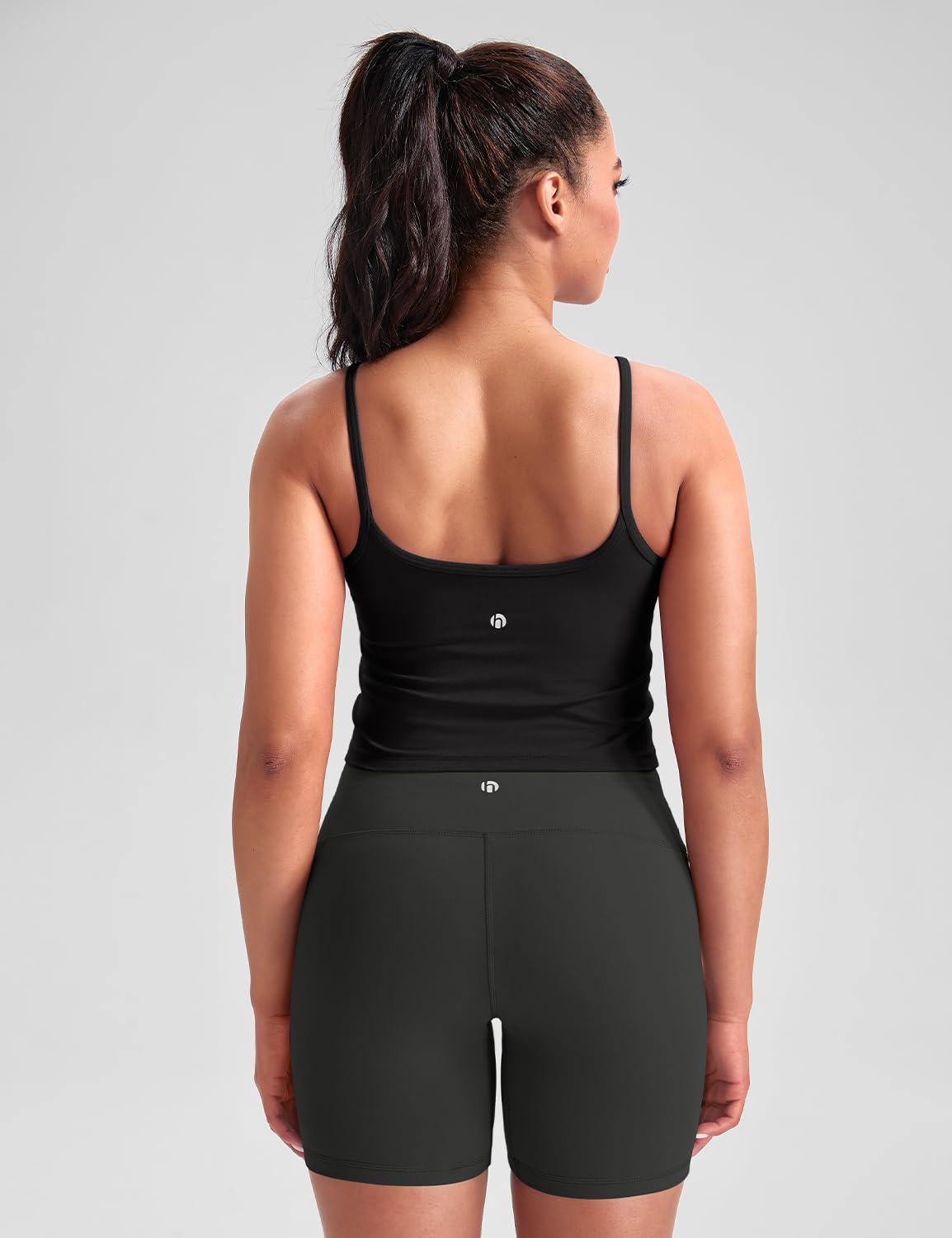 HeyNuts Cropped Cami Tank Top for Womens, Square Neck Spaghetti Thin Strap Low Impact Wirefree Workout Athletic Basic Gym Yoga Longline Sports Bras Padded Camisole with Built in Bras Black M