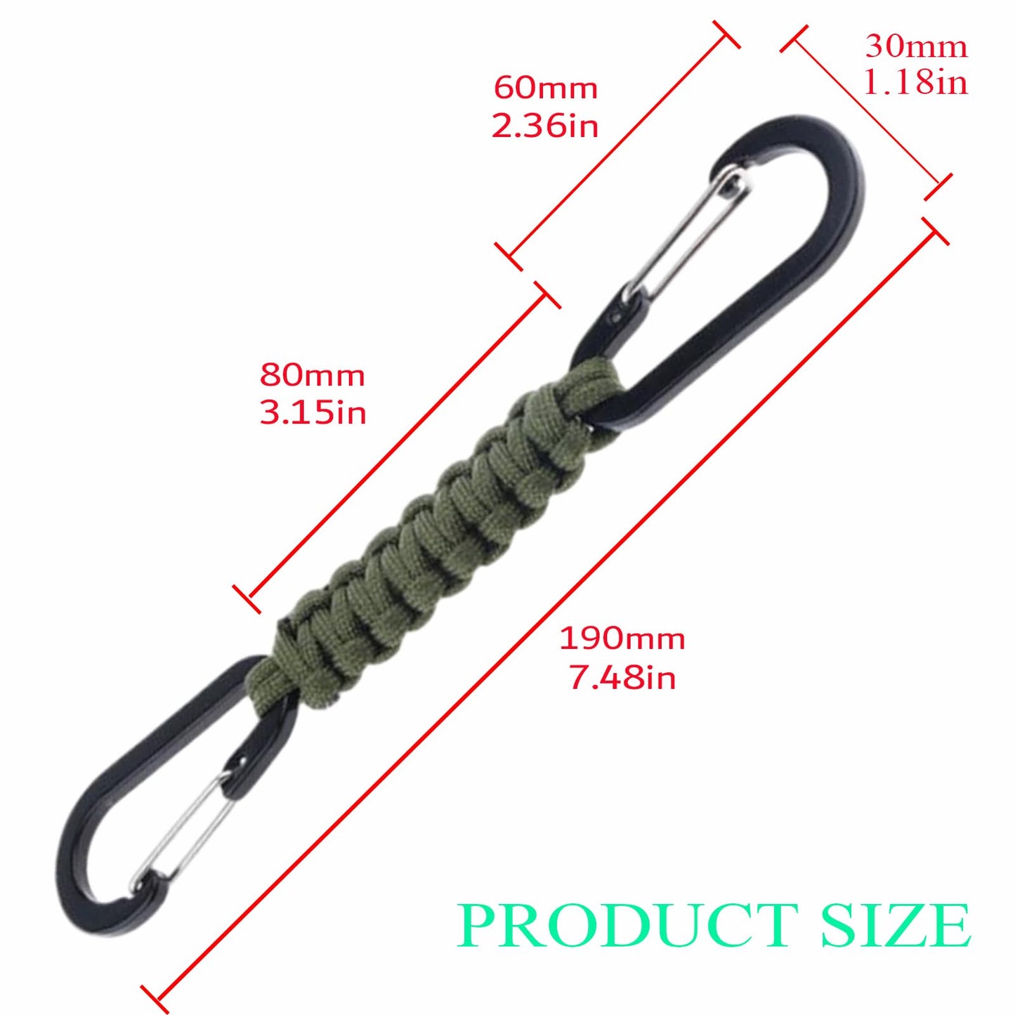 Paracord Keychain Carabiner with Double Hooks Hanger Stroller Hook for Water Bottle, Key, Backpacks, Men, Women(ArmyGreen)