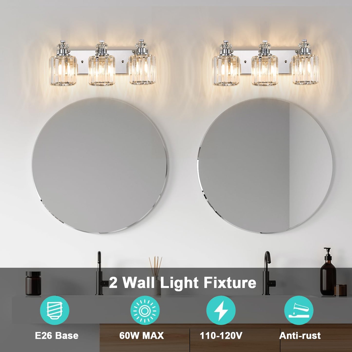 ALAISLYC Chrome Bathroom Light Fixtures with K9 Crystal Lampshade Bathroom Lighting Over Mirror Vanity Lights for Living Room,Bedroom,Restroom,Hallway 3 Lights