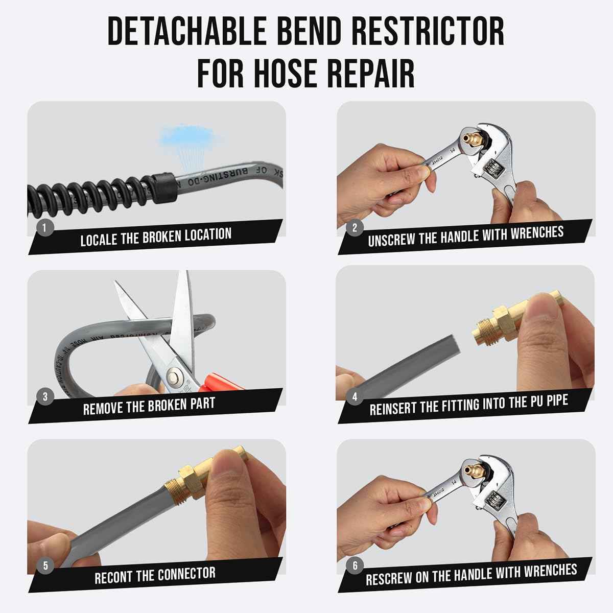 Wangsucc 1/4 In × 25 ft Heavy Duty Polyurethane Recoil Air Hose, Bend Restrictors Compressor Hose with 5 IN 1 Universal Coupler, Lightweight, Coiled PU Air Hose 1/4'', (Gery)