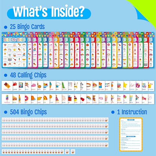 Birthday Bingo Game Set - 25 Players, 25 Bingo Cards & Chips
