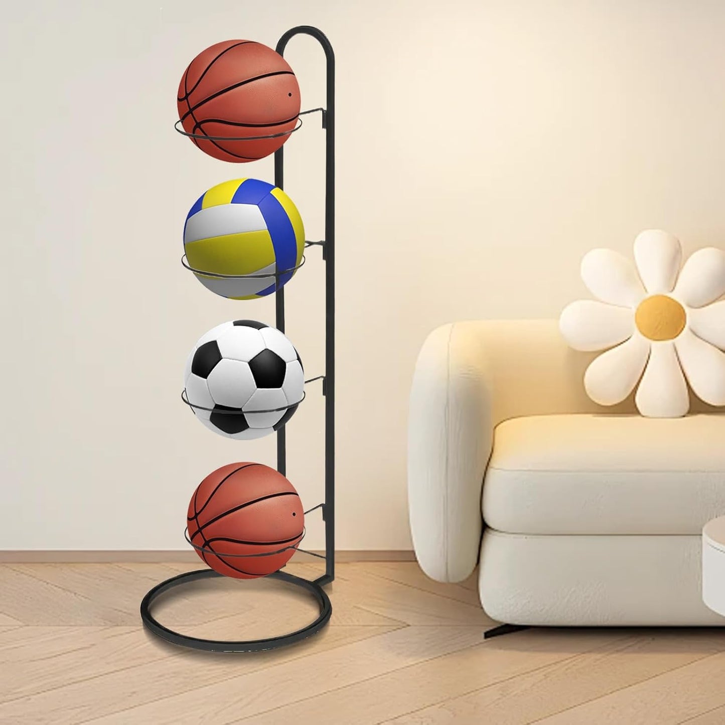 Skiennix 4-Tier Ball Storage Rack - Heavy-Duty Carbon Steel Holder for Basketball & Football | Nail-Free Design