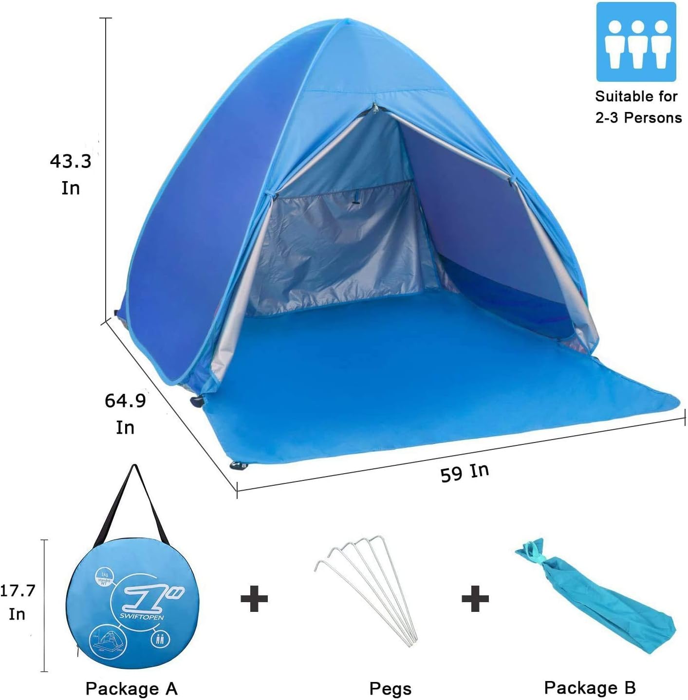 Skiennix Pop Up Beach Tent - UPF 50+ Sun Shelter for 2-3 People | Ideal for Camping, Fishing, and Picnics (Blue)