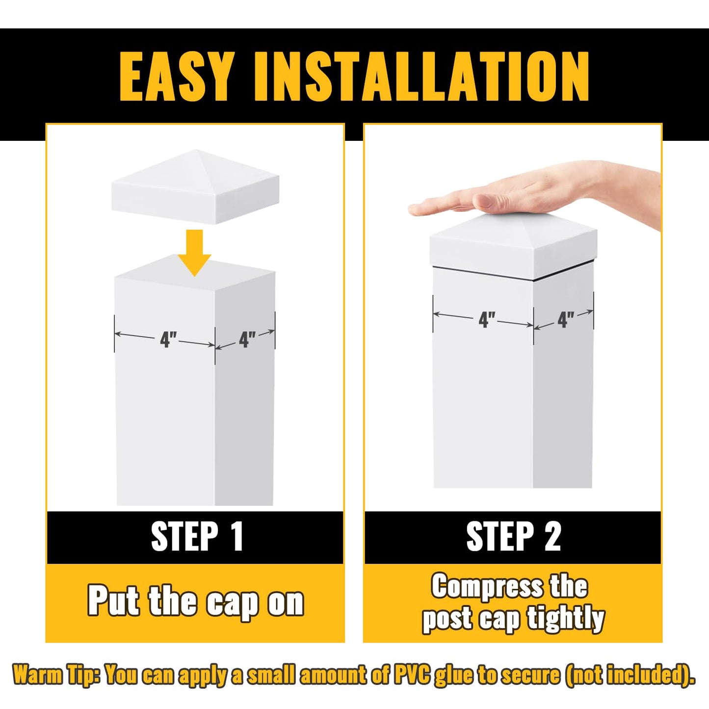 VIVIDA 4" x 4" Vinyl Post Caps (2-Pack), White PVC Pyramid Fence Post Top Caps for Actual 4" x 4" Vinyl Fence, Deck, Mailbox
