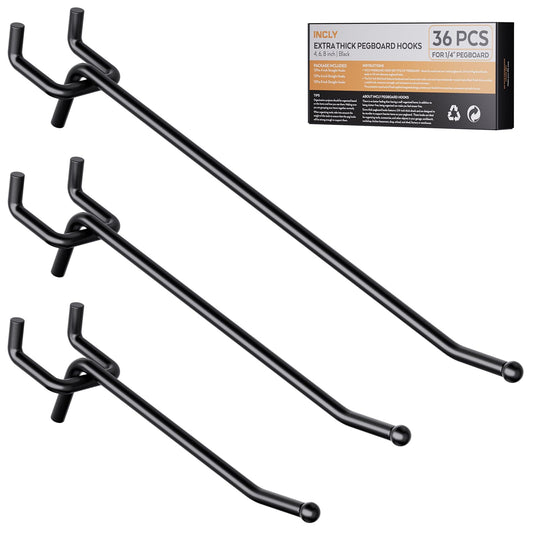 INCLY 36 Pack 4/6/8 Inch Black Pegboard Hooks, 1/4" Heavy Duty Peg Board Shelving Hooks Accessories, Peg Board Tool Hangers Fit 1/4" Pegboard for Organizing Garage, Craft Room, Kitchen, Store