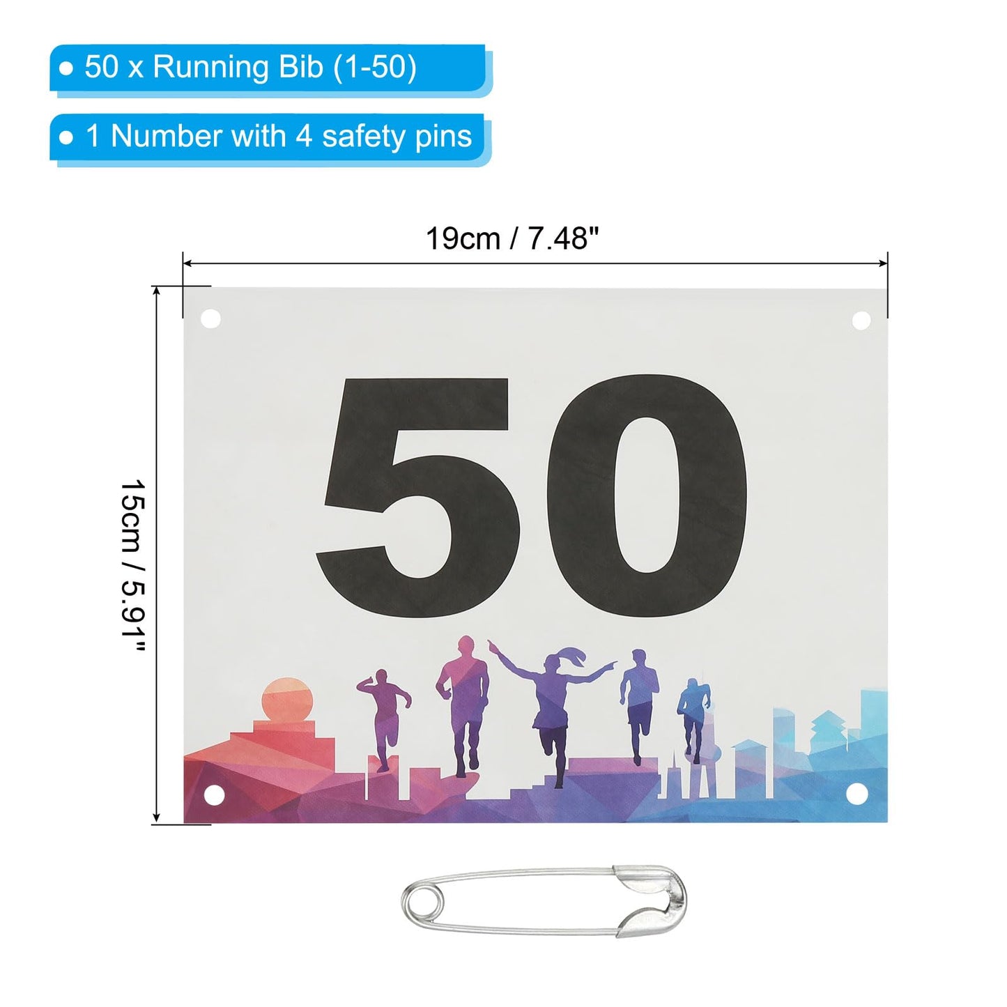 PATIKIL Tearproof Running Bib Numbers 7x6 Inch, 1-50 Waterproof Race Competitor Numbers with Safety Pin for Marathon Sports Game Competition Runner, Multicolor