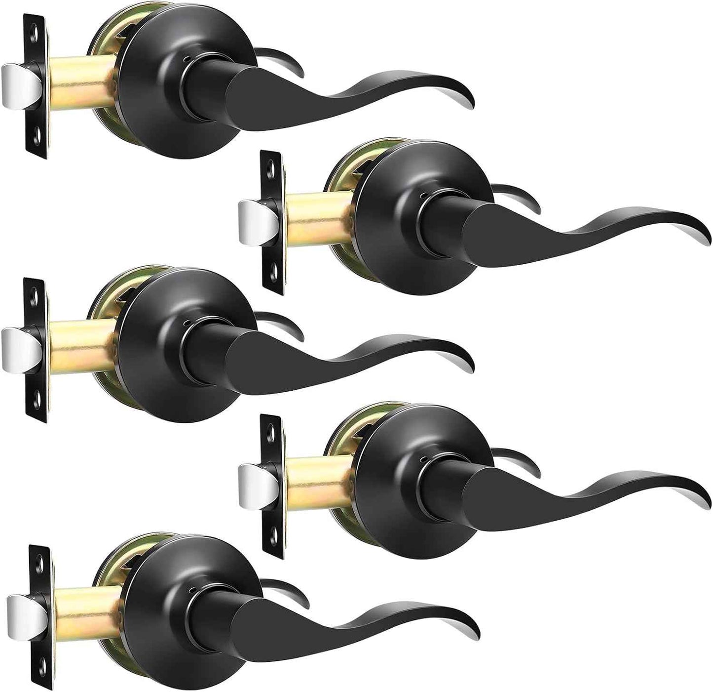Black Privacy Door Levers - 6 Pack Keyless Modern Wave Handles for Bedrooms