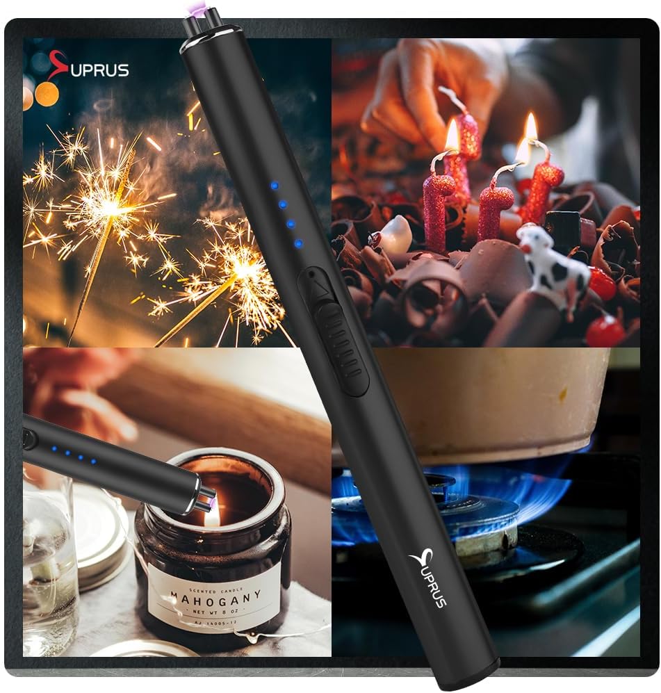 SUPRUS Electric Arc Lighter - Windproof, Flameless & USB Rechargeable - Safety Lock, Black