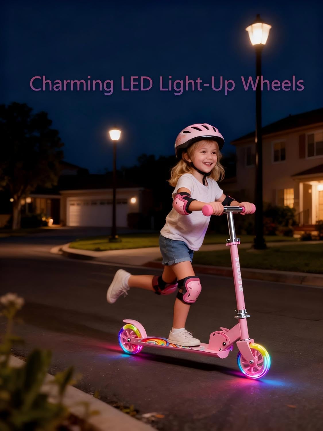 Skiennix Kids Kick Scooter - Adjustable 3-Level Height, Lightweight & Foldable - Pink LED Lights