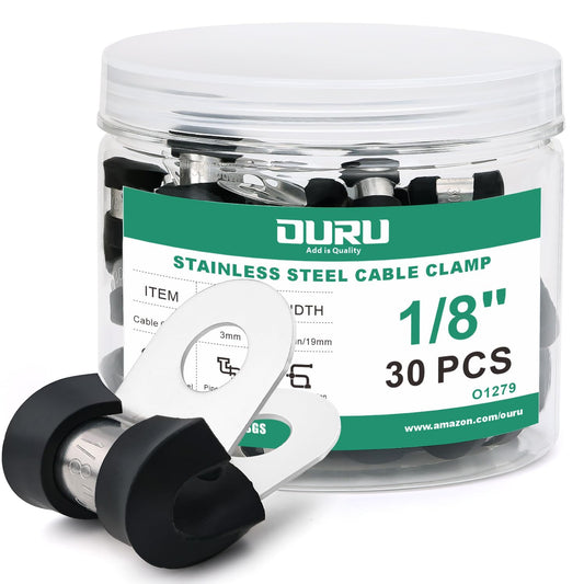 OURU 30pcs 1/8 Inch Stainless Steel Cable Clamps,Rubber Coated Cushioned Insulated Cable Clamp,Automotive Cable Wire Clamps,Pipe Clamps,Metal Clamp for Tube,Lines,Wire Cord Installation(Black,3mm)