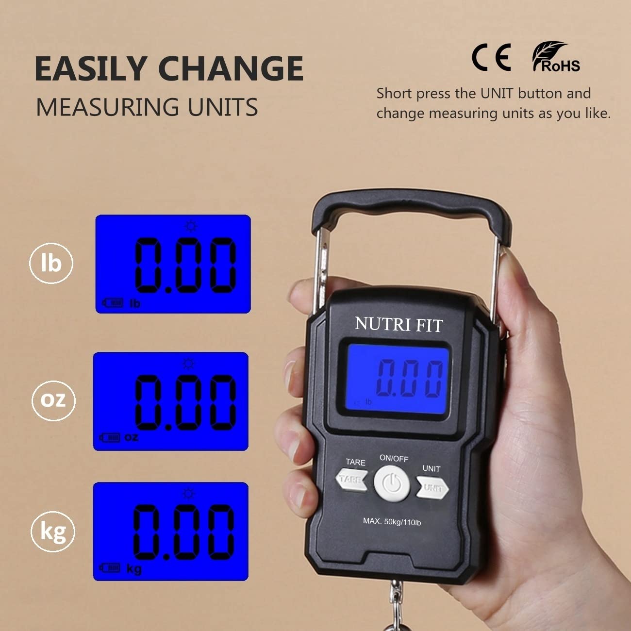 NUTRI FIT Digital Luggage Scale - Portable Handheld Weighing Scale for Travel | 110lb Capacity