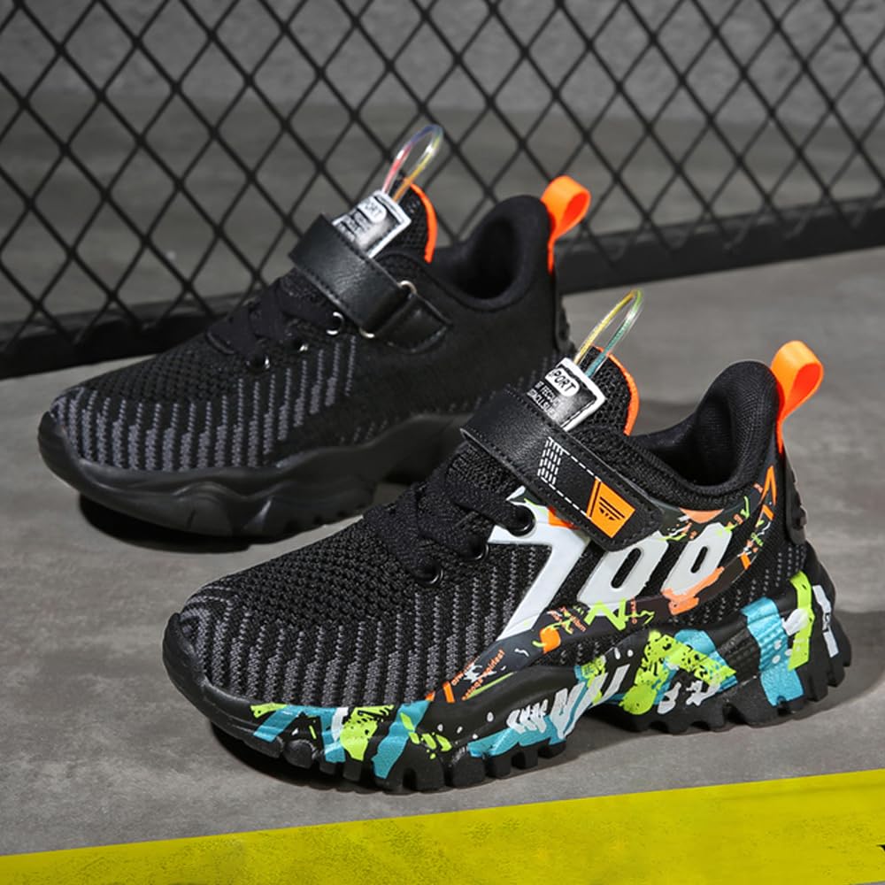 ASEKIHA Kids Shoes for Boys Girls Sneakers Sports Knitted Mesh Running Athletic Walking Gym Sports Lightweight Breathable Toddler Little Kid Big Kid Black