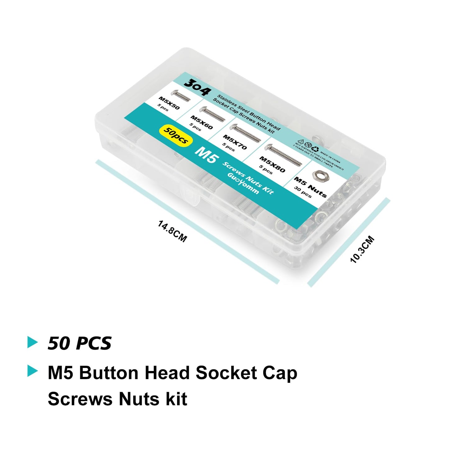 GuoYomm 50PCS M5 x 50mm 60mm 70mm 80mm, Button Head Socket Cap Screws Bolts Nuts Kit, Stainless Steel 304, Metric Allen Hex Drive, Fully Threaded