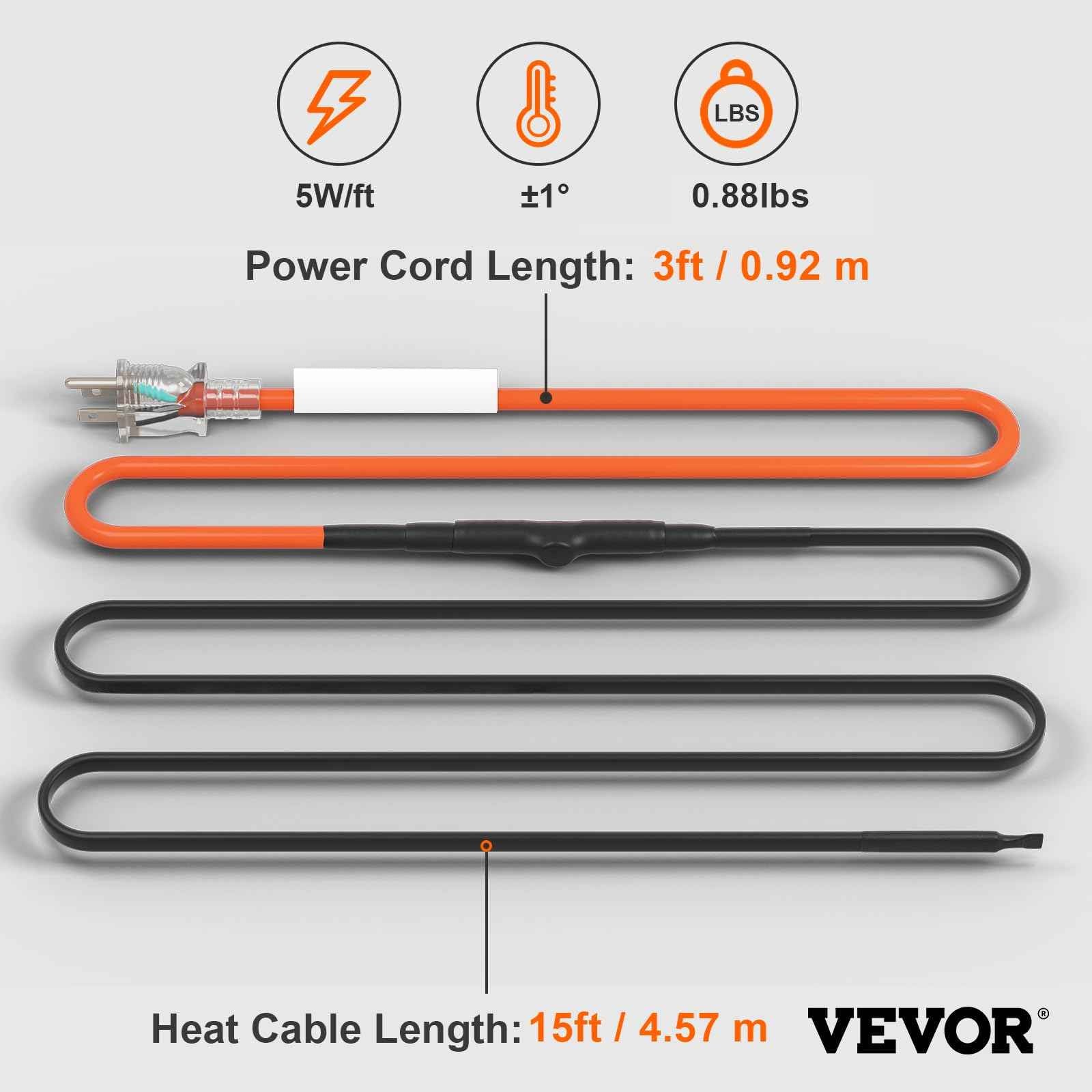 VEVOR Self-Regulating Pipe Heating Cable, 15FT 5W/FT Heat Tape for Pipes Freeze Protection, Water Pipe Heat Cable with Built-in Thermostat Protects PVC Hose, Metal and Plastic Pipe from Freezing