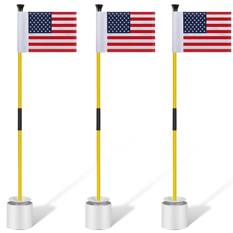 Meooeck 3 Pack Golf Flagstick 3ft Putting Green Pin Flag and Hole Cup Set for Yard Portable 2 Section Fiberglass Mini Golf Set for Driving Range Backyard, Double-side American Flag
